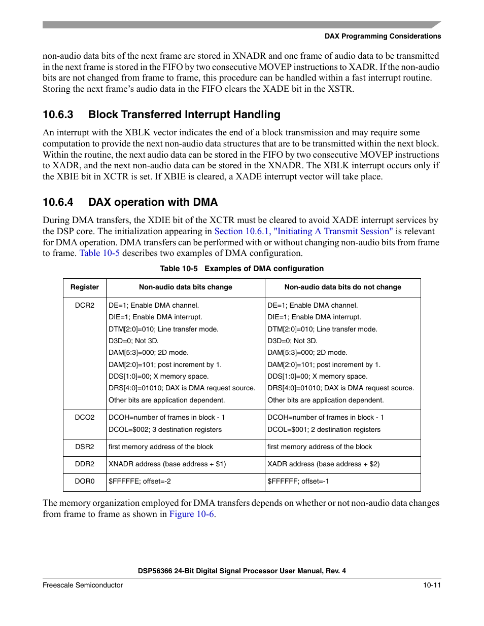 3 block transferred interrupt handling, 4 dax operation with dma, Block transferred interrupt handling -11 | Dax operation with dma -11, Table 10-5, Examples of dma configuration -11 | Freescale Semiconductor DSP56366 User Manual | Page 227 / 366