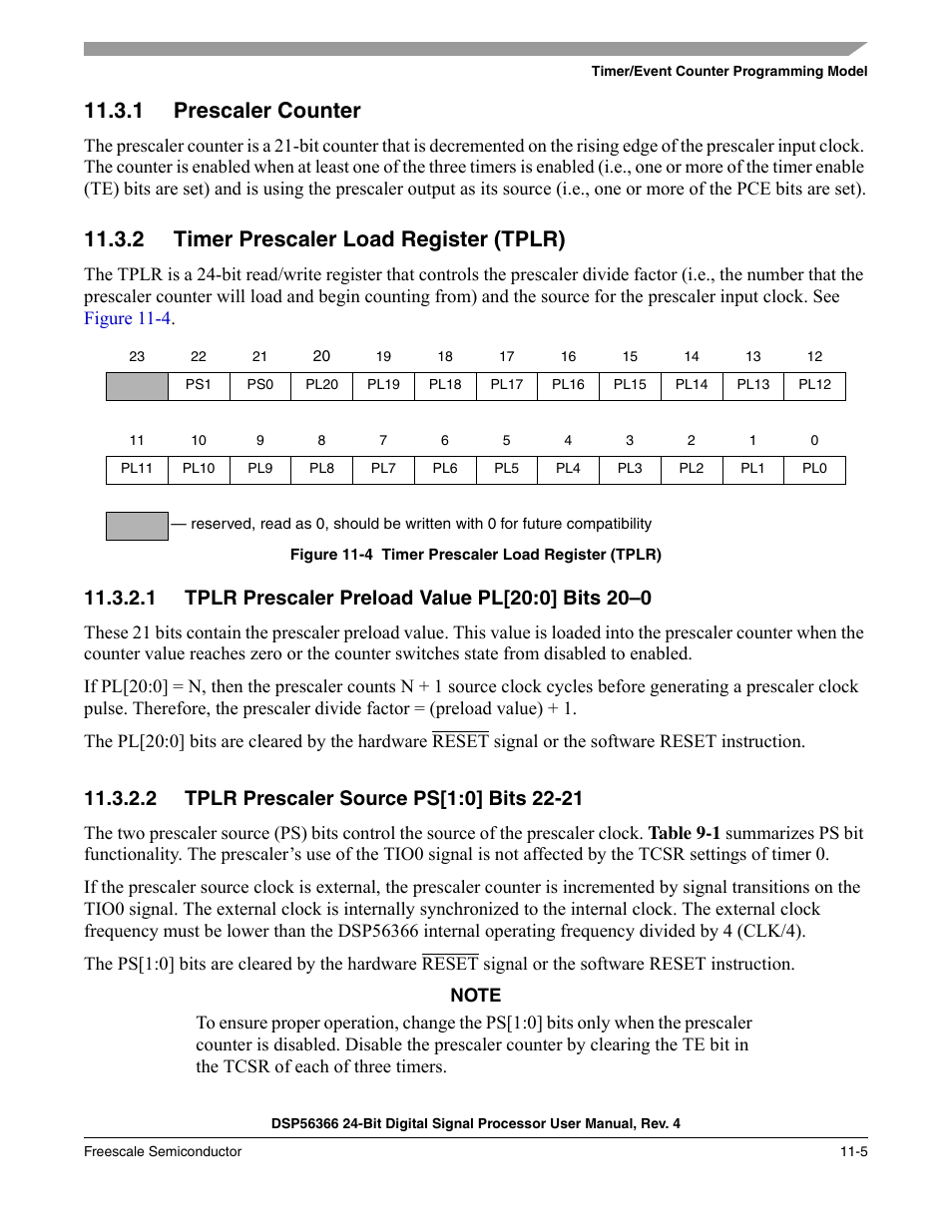 1 prescaler counter, 2 timer prescaler load register (tplr), 1 tplr prescaler preload value pl[20:0] bits 20-0 | 2 tplr prescaler source ps[1:0] bits 22-21, Prescaler counter -5, Timer prescaler load register (tplr) -5, Tplr prescaler preload value pl[20:0] bits 20–0 -5, Tplr prescaler source ps[1:0] bits 22-21 -5, Figure 11-4 | Freescale Semiconductor DSP56366 User Manual | Page 235 / 366