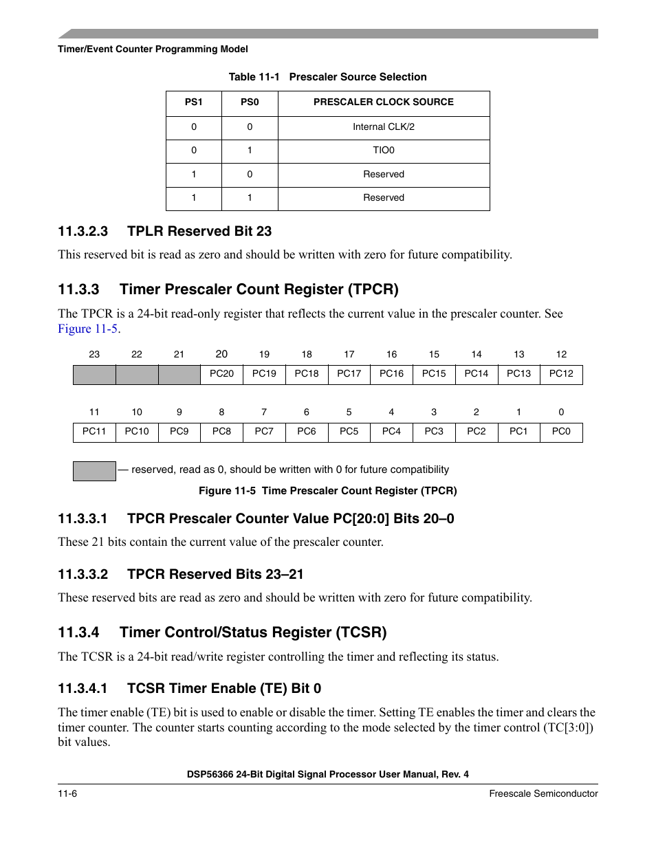 3 tplr reserved bit 23, 3 timer prescaler count register (tpcr), 1 tpcr prescaler counter value pc[20:0] bits 20-0 | 2 tpcr reserved bits 23-21, 4 timer control/status register (tcsr), 1 tcsr timer enable (te) bit 0, Tplr reserved bit 23 -6, Timer prescaler count register (tpcr) -6, Tpcr prescaler counter value pc[20:0] bits 20–0 -6, Tpcr reserved bits 23–21 -6 | Freescale Semiconductor DSP56366 User Manual | Page 236 / 366