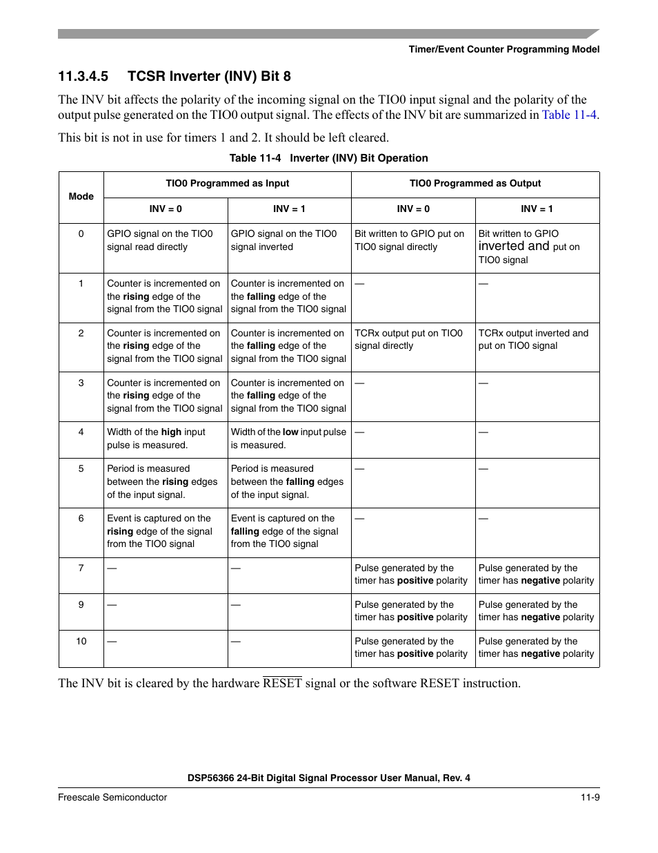 5 tcsr inverter (inv) bit 8, Tcsr inverter (inv) bit 8 -9, Table 11-4 | Inverter (inv) bit operation -9, Inverted and | Freescale Semiconductor DSP56366 User Manual | Page 239 / 366