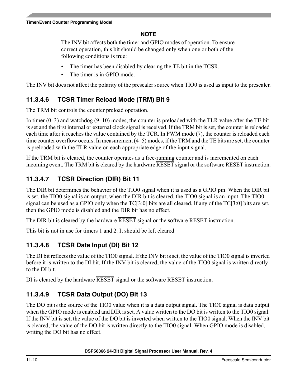 6 tcsr timer reload mode (trm) bit 9, 7 tcsr direction (dir) bit 11, 8 tcsr data input (di) bit 12 | 9 tcsr data output (do) bit 13, Tcsr timer reload mode (trm) bit 9 -10, Tcsr direction (dir) bit 11 -10, Tcsr data input (di) bit 12 -10, Tcsr data output (do) bit 13 -10 | Freescale Semiconductor DSP56366 User Manual | Page 240 / 366