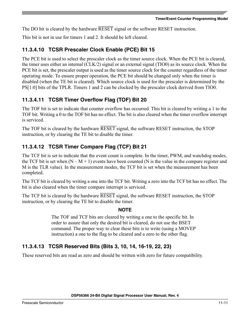 10 tcsr prescaler clock enable (pce) bit 15, 11 tcsr timer overflow flag (tof) bit 20, 12 tcsr timer compare flag (tcf) bit 21 | Tcsr prescaler clock enable (pce) bit 15 -11, Tcsr timer overflow flag (tof) bit 20 -11, Tcsr timer compare flag (tcf) bit 21 -11 | Freescale Semiconductor DSP56366 User Manual | Page 241 / 366