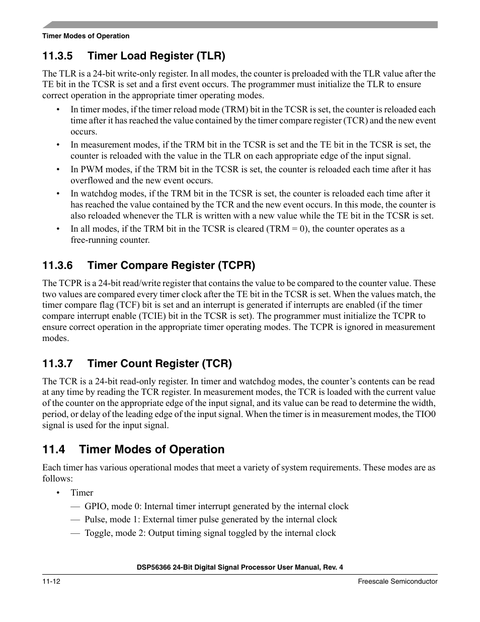 5 timer load register (tlr), 6 timer compare register (tcpr), 7 timer count register (tcr) | 4 timer modes of operation, Timer load register (tlr) -12, Timer compare register (tcpr) -12, Timer count register (tcr) -12, Timer modes of operation -12, Are described in, Section 11.4, "timer modes of operation | Freescale Semiconductor DSP56366 User Manual | Page 242 / 366