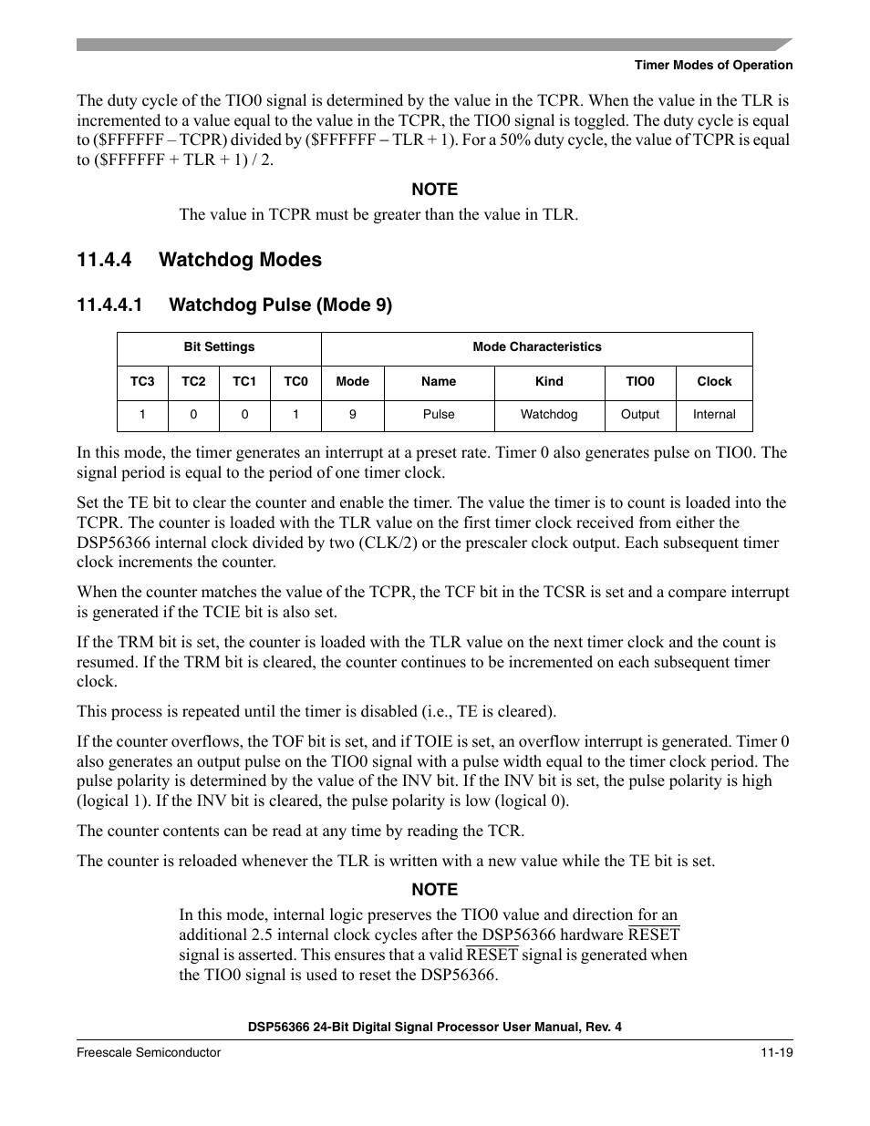 4 watchdog modes, 1 watchdog pulse (mode 9), Watchdog modes -19 | Watchdog pulse (mode 9) -19 | Freescale Semiconductor DSP56366 User Manual | Page 249 / 366