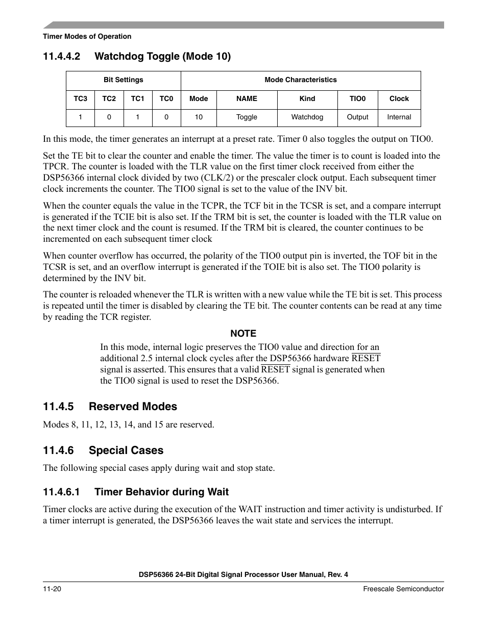 2 watchdog toggle (mode 10), 5 reserved modes, 6 special cases | 1 timer behavior during wait, Watchdog toggle (mode 10) -20, Reserved modes -20, Special cases -20, Timer behavior during wait -20 | Freescale Semiconductor DSP56366 User Manual | Page 250 / 366