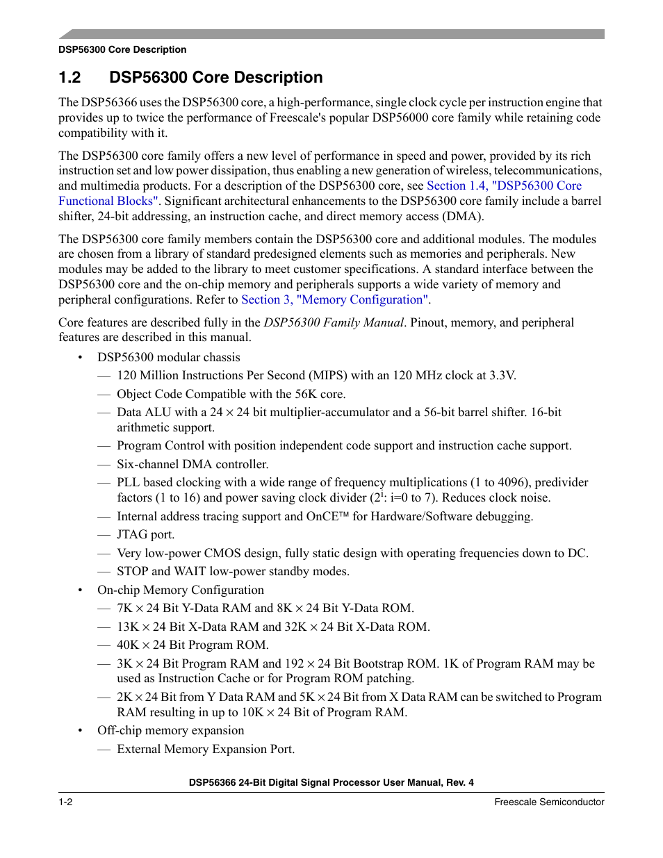 2 dsp56300 core description, Dsp56300 core description -2 | Freescale Semiconductor DSP56366 User Manual | Page 26 / 366