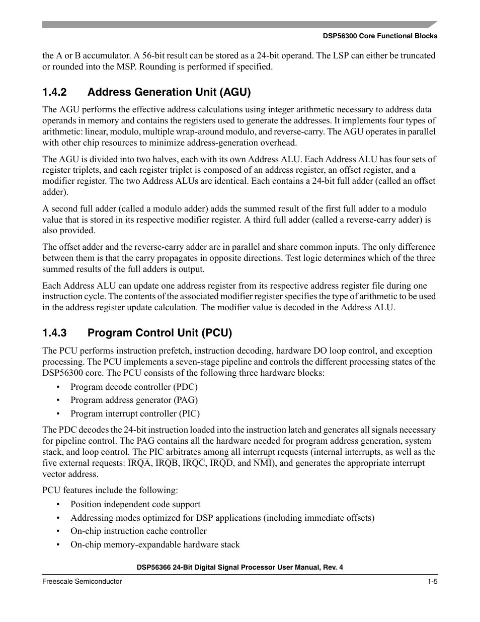 2 address generation unit (agu), 3 program control unit (pcu), Address generation unit (agu) -5 | Program control unit (pcu) -5 | Freescale Semiconductor DSP56366 User Manual | Page 29 / 366