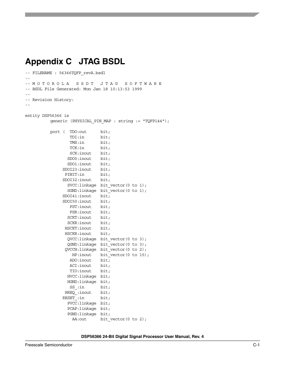 Appendix c, Appendix c jtag bsdl | Freescale Semiconductor DSP56366 User Manual | Page 301 / 366