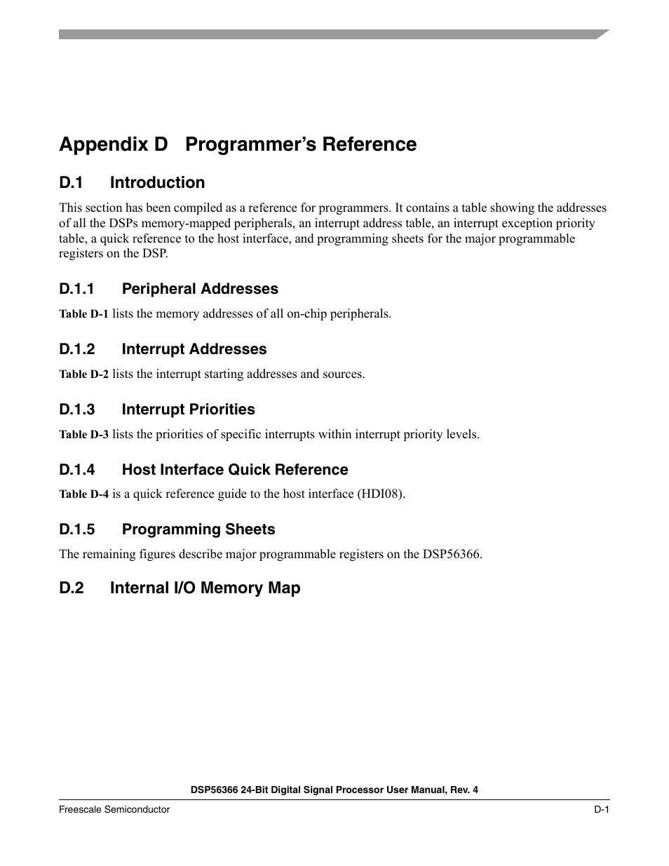 Appendix d, B.1.1, B.1.2 | B.1.3, B.1.4, B.1.5, Appendix d programmer’s reference, D.1 introduction | Freescale Semiconductor DSP56366 User Manual | Page 309 / 366