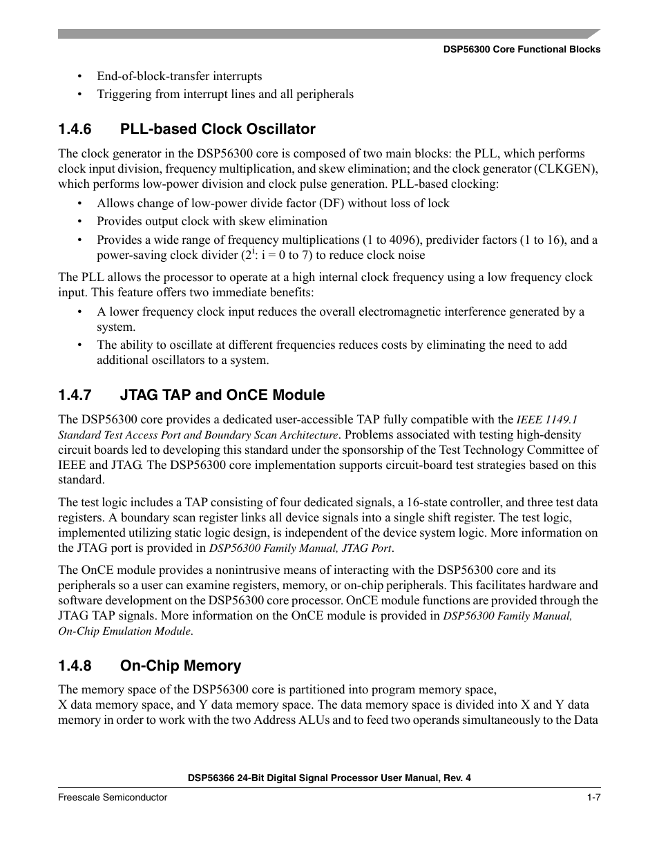 6 pll-based clock oscillator, 7 jtag tap and once module, 8 on-chip memory | Pll-based clock oscillator -7, Jtag tap and once module -7, On-chip memory -7 | Freescale Semiconductor DSP56366 User Manual | Page 31 / 366