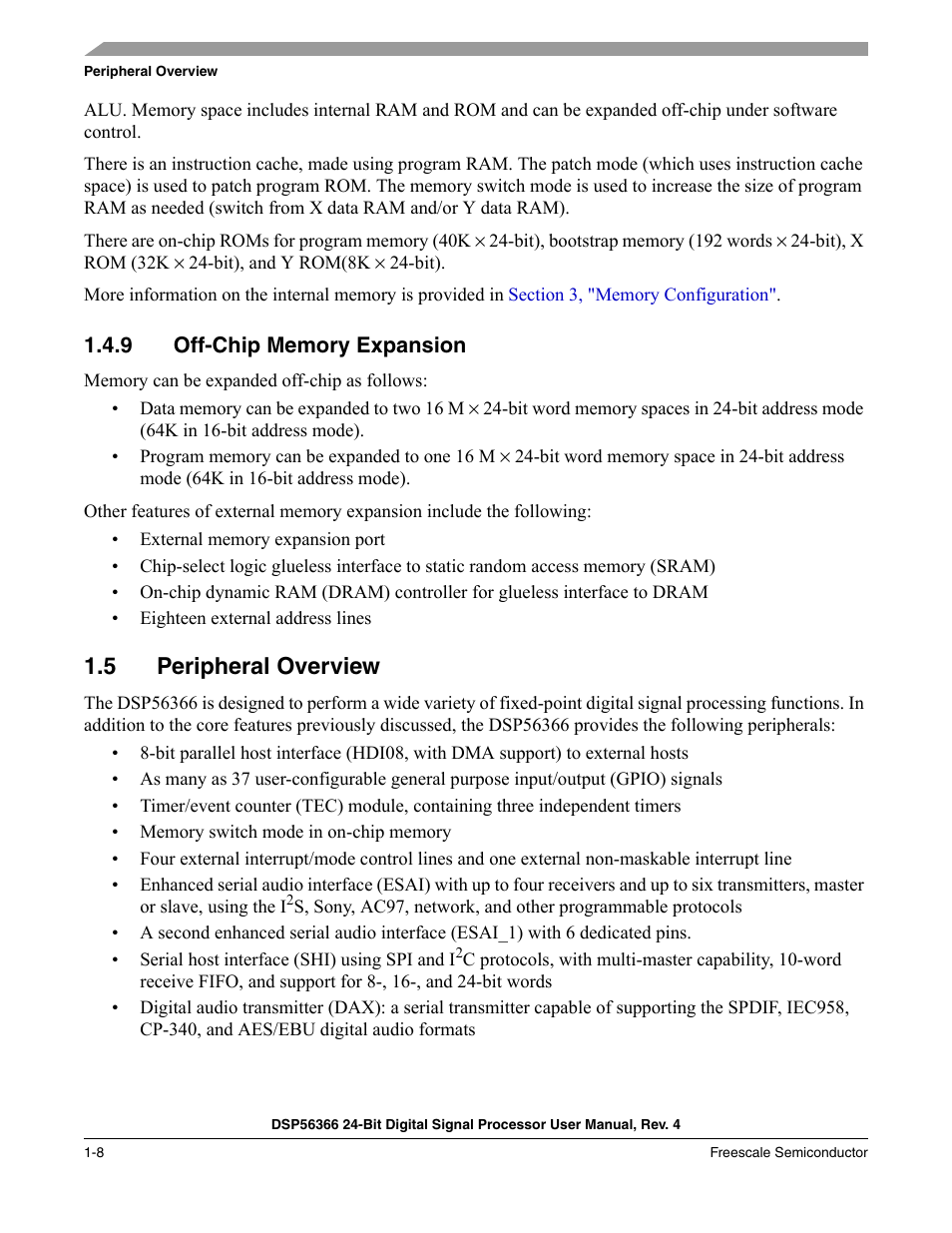 9 off-chip memory expansion, 5 peripheral overview, Off-chip memory expansion -8 | Peripheral overview -8 | Freescale Semiconductor DSP56366 User Manual | Page 32 / 366