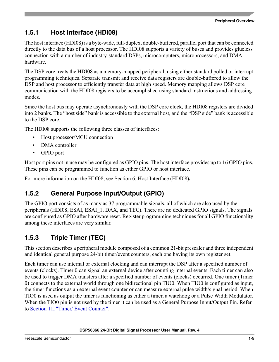 1 host interface (hdi08), 2 general purpose input/output (gpio), 3 triple timer (tec) | Host interface (hdi08) -9, General purpose input/output (gpio) -9, Triple timer (tec) -9 | Freescale Semiconductor DSP56366 User Manual | Page 33 / 366