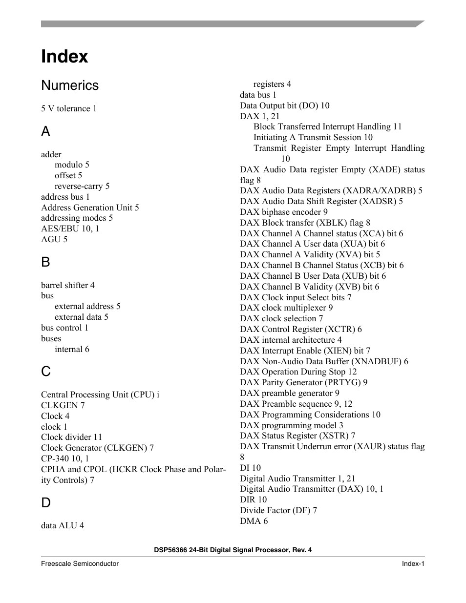 Index, Numerics | Freescale Semiconductor DSP56366 User Manual | Page 361 / 366