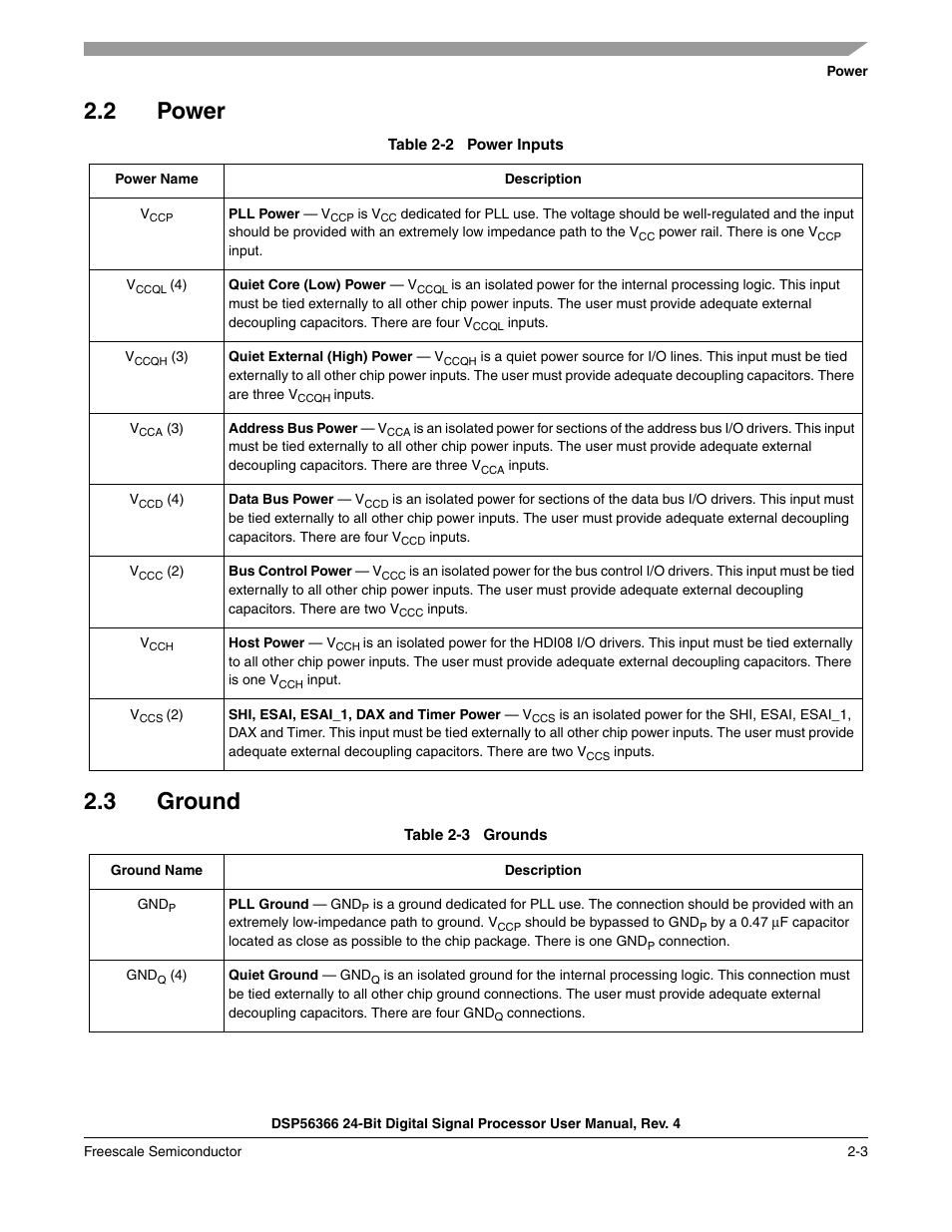 2 power, 3 ground, Power -3 | Ground -3, Table 2-2, Power inputs -3, Table 2-3, Grounds -3, 2 power 2.3 ground | Freescale Semiconductor DSP56366 User Manual | Page 37 / 366