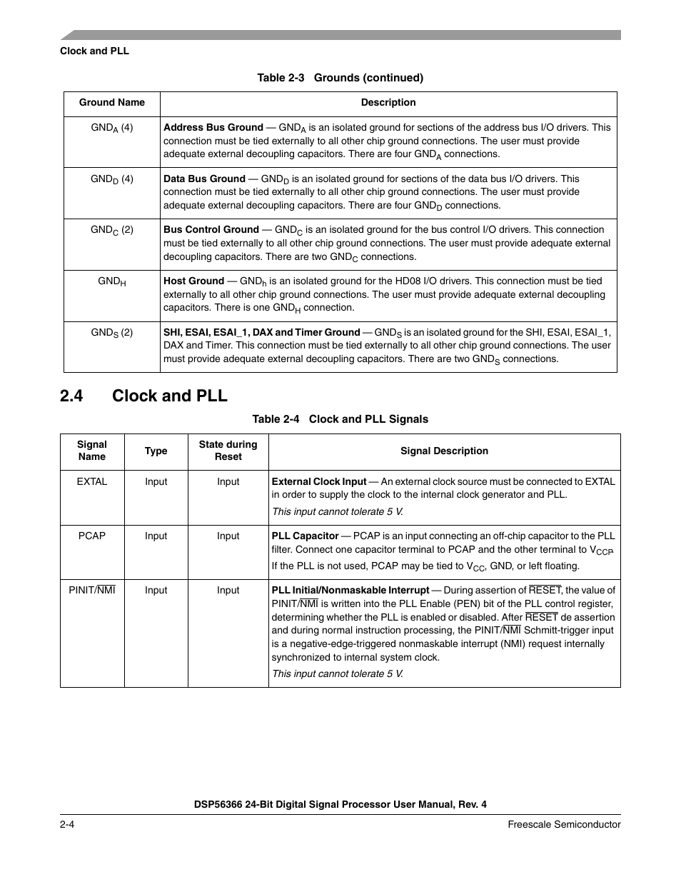 4 clock and pll, Clock and pll -4, Table 2-4 | Clock and pll signals -4 | Freescale Semiconductor DSP56366 User Manual | Page 38 / 366