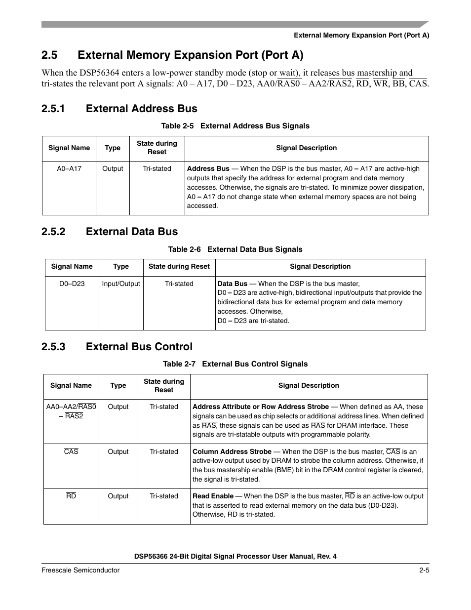 5 external memory expansion port (port a), 1 external address bus, 2 external data bus | 3 external bus control, External memory expansion port (port a) -5, External address bus -5, External data bus -5, External bus control -5, Table 2-5, External address bus signals -5 | Freescale Semiconductor DSP56366 User Manual | Page 39 / 366