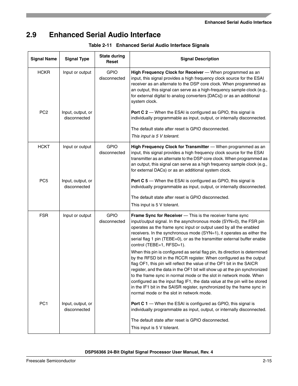 9 enhanced serial audio interface, Enhanced serial audio interface -15, Table 2-11 | Enhanced serial audio interface signals -15 | Freescale Semiconductor DSP56366 User Manual | Page 49 / 366