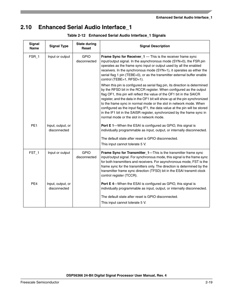 10 enhanced serial audio interface_1, Enhanced serial audio interface_1 -19, Table 2-12 | Enhanced serial audio interface_1 signals -19 | Freescale Semiconductor DSP56366 User Manual | Page 53 / 366