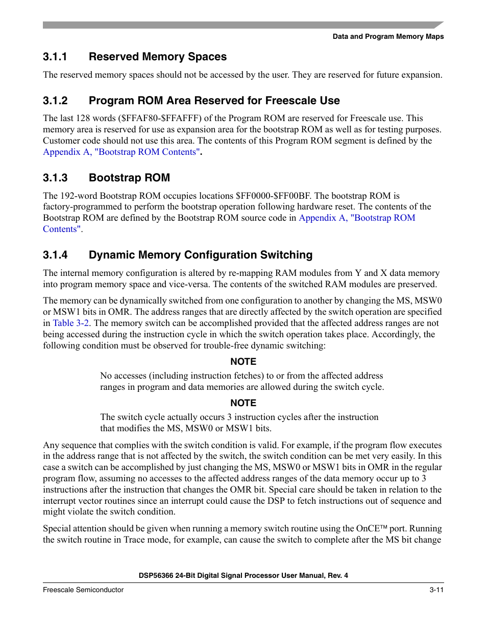 1 reserved memory spaces, 2 program rom area reserved for freescale use, 3 bootstrap rom | 4 dynamic memory configuration switching, Reserved memory spaces -11, Program rom area reserved for motorola use -11, Bootstrap rom -11, Dynamic memory configuration switching -11 | Freescale Semiconductor DSP56366 User Manual | Page 67 / 366