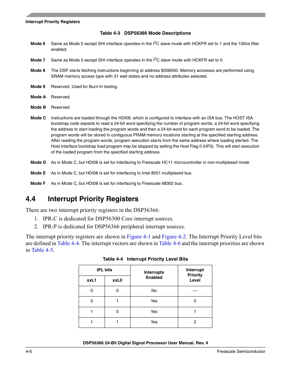 4 interrupt priority registers, Interrupt priority registers -6, Table 4-4 | Interrupt priority level bits -6 | Freescale Semiconductor DSP56366 User Manual | Page 80 / 366