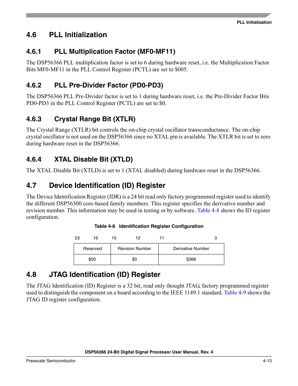 6 pll initialization, 1 pll multiplication factor (mf0-mf11), 2 pll pre-divider factor (pd0-pd3) | 3 crystal range bit (xtlr), 4 xtal disable bit (xtld), 7 device identification (id) register, 8 jtag identification (id) register, Pll initialization -13, Pll multiplication factor (mf0-mf11) -13, Pll pre-divider factor (pd0-pd3) -13 | Freescale Semiconductor DSP56366 User Manual | Page 87 / 366