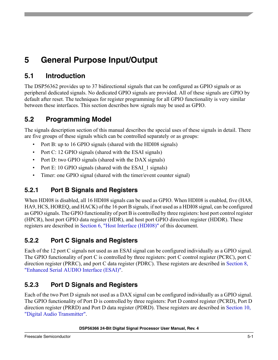 5 general purpose input/output, 1 introduction, 2 programming model | 1 port b signals and registers, 2 port c signals and registers, 3 port d signals and registers, General purpose input/output -1, Introduction -1, Programming model -1, Port b signals and registers -1 | Freescale Semiconductor DSP56366 User Manual | Page 93 / 366