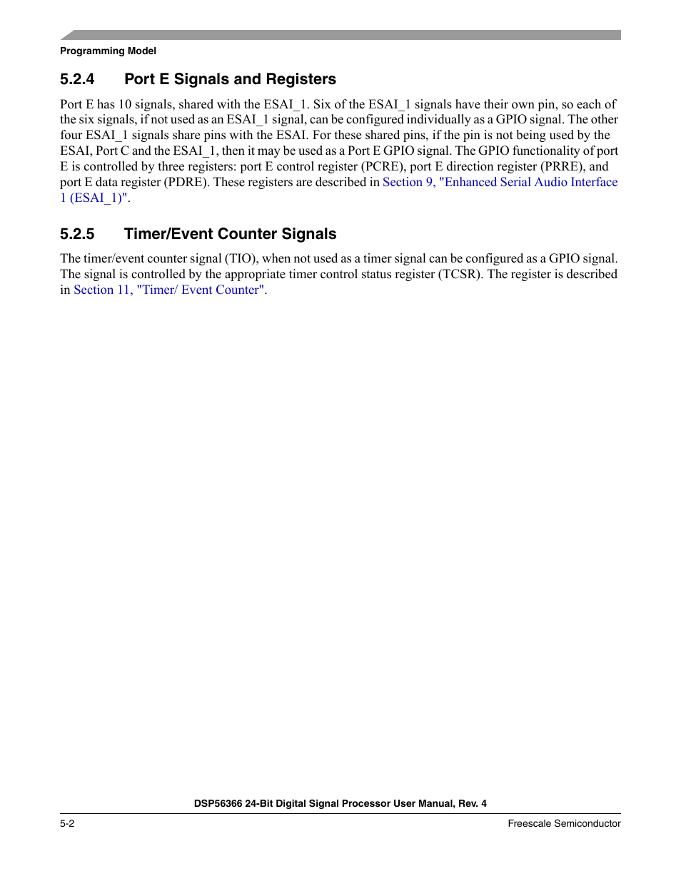 4 port e signals and registers, 5 timer/event counter signals, Port e signals and registers -2 | Timer/event counter signals -2 | Freescale Semiconductor DSP56366 User Manual | Page 94 / 366