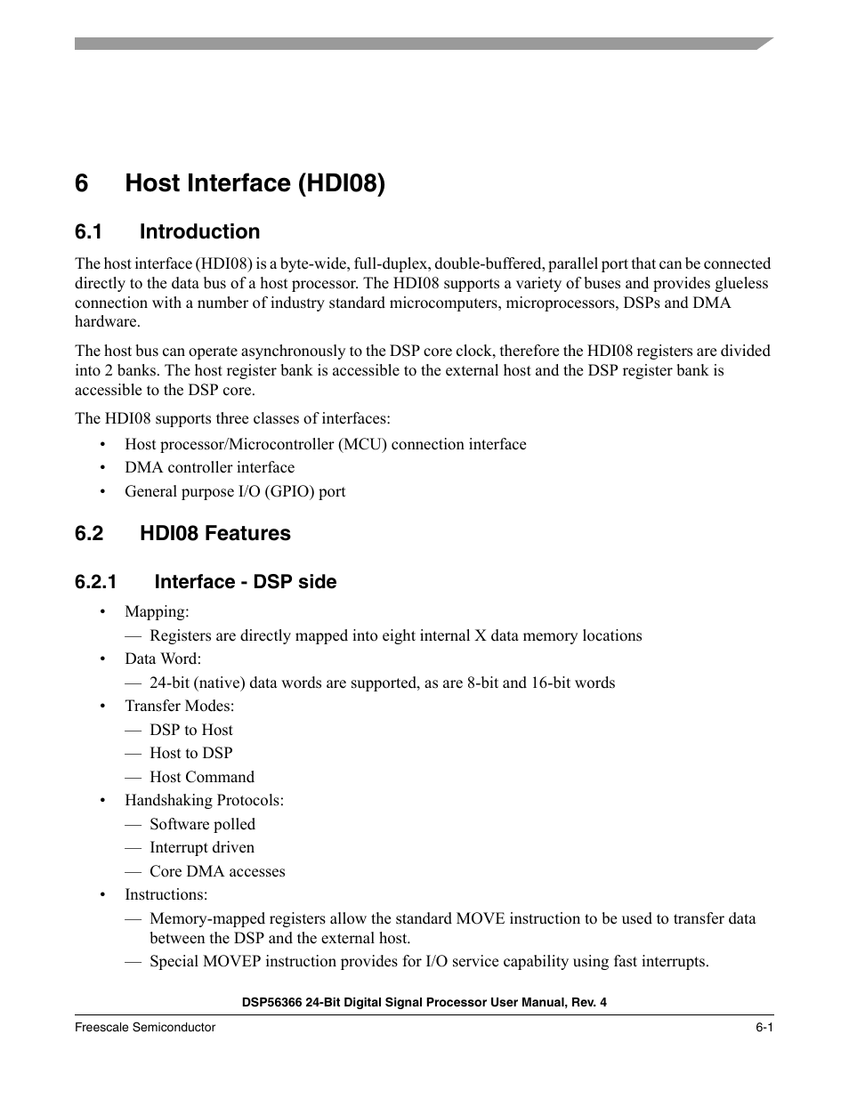 6 host interface (hdi08), 1 introduction, 2 hdi08 features | 1 interface - dsp side, Host interface (hdi08) -1, Introduction -1, Hdi08 features -1, Interface - dsp side -1, 6host interface (hdi08) | Freescale Semiconductor DSP56366 User Manual | Page 95 / 366
