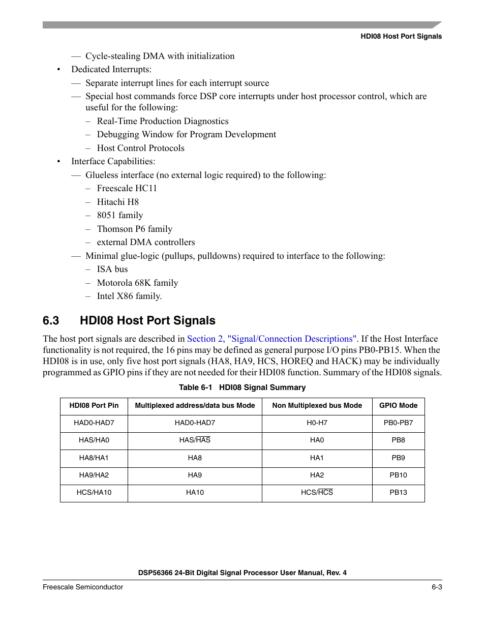 3 hdi08 host port signals, Hdi08 host port signals -3, Table 6-1 | Hdi08 signal summary -3 | Freescale Semiconductor DSP56366 User Manual | Page 97 / 366