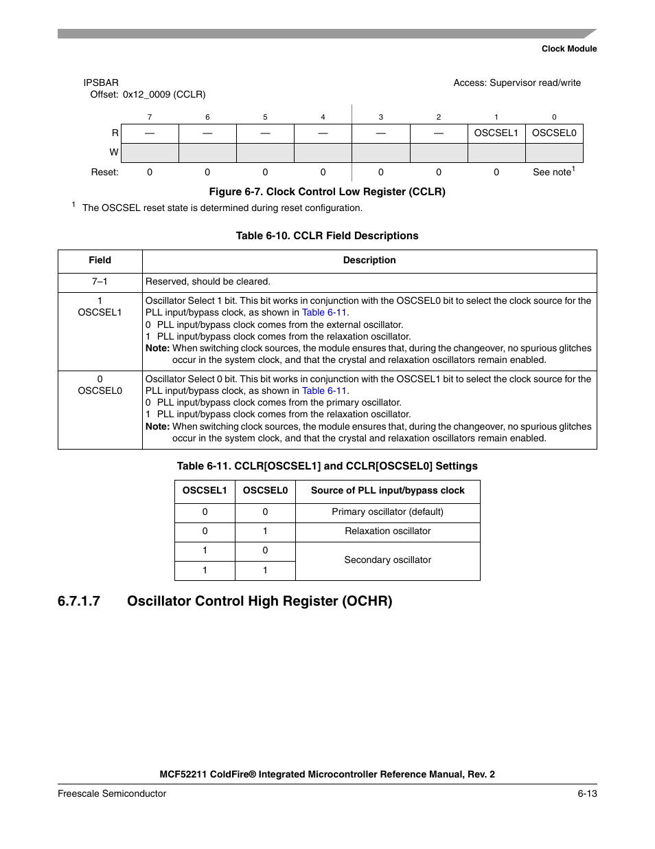 7 oscillator control high register (ochr) | Freescale Semiconductor ColdFire MCF52210 User Manual | Page 107 / 576