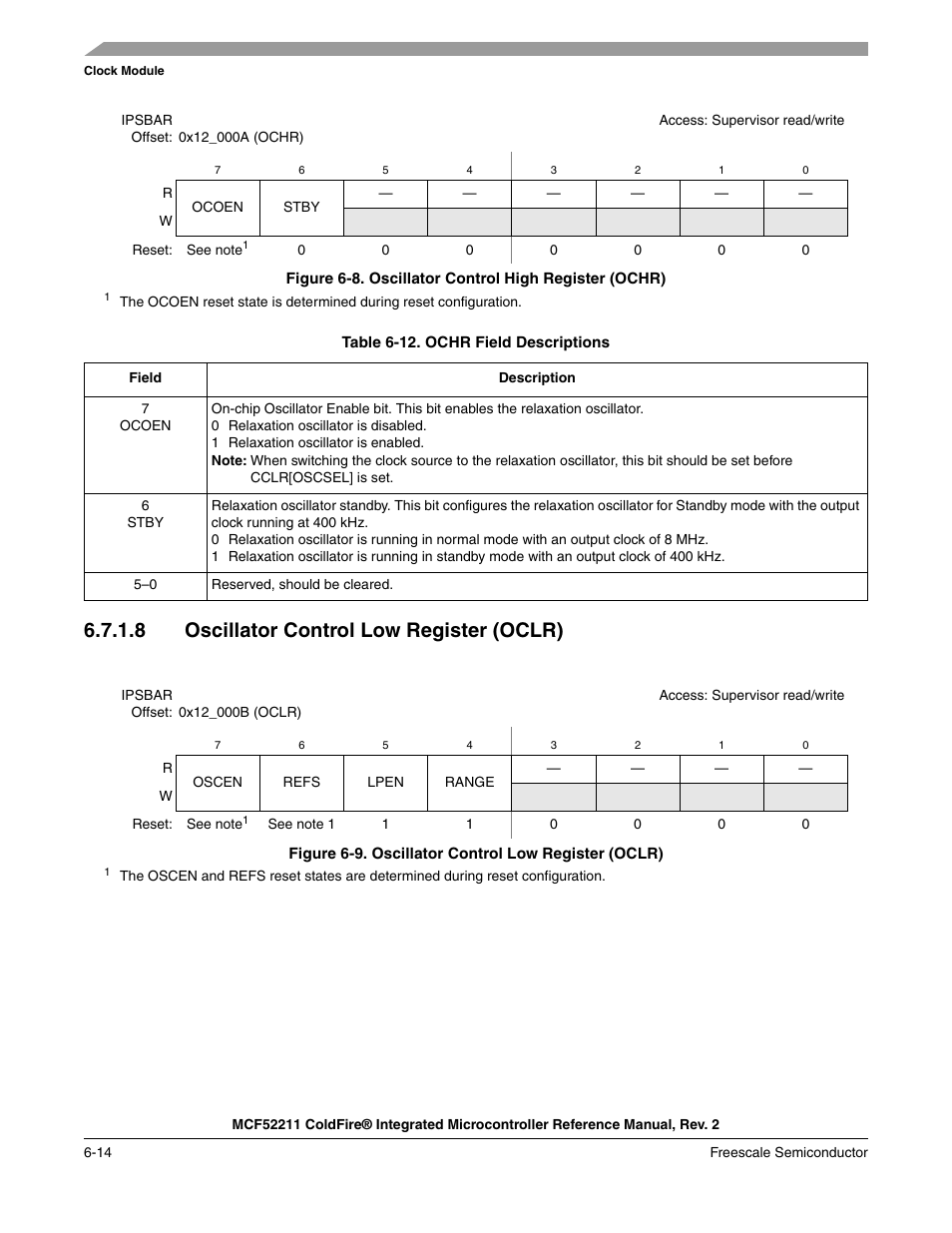 8 oscillator control low register (oclr) | Freescale Semiconductor ColdFire MCF52210 User Manual | Page 108 / 576