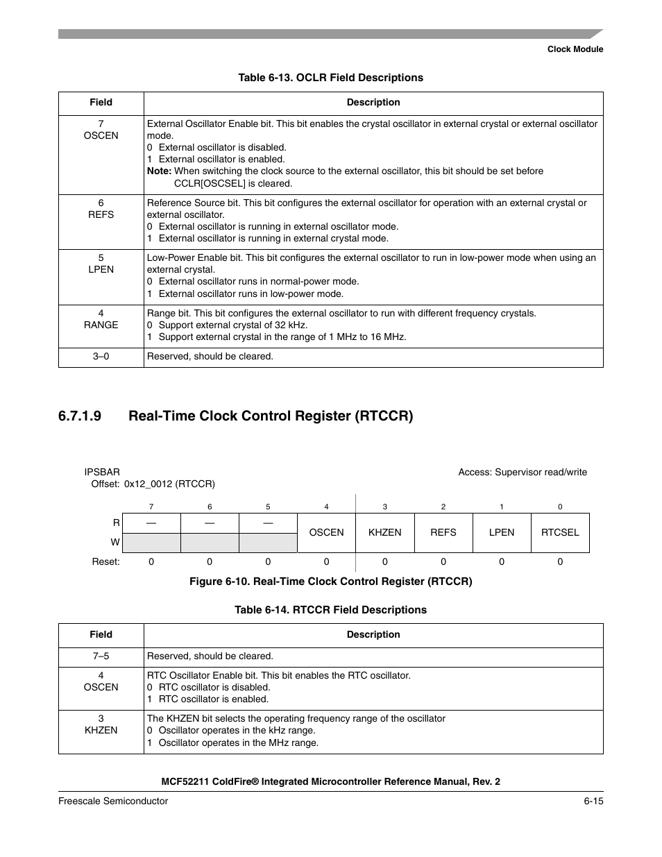 9 real-time clock control register (rtccr), The rtccr is used to configure the rtc oscillator | Freescale Semiconductor ColdFire MCF52210 User Manual | Page 109 / 576
