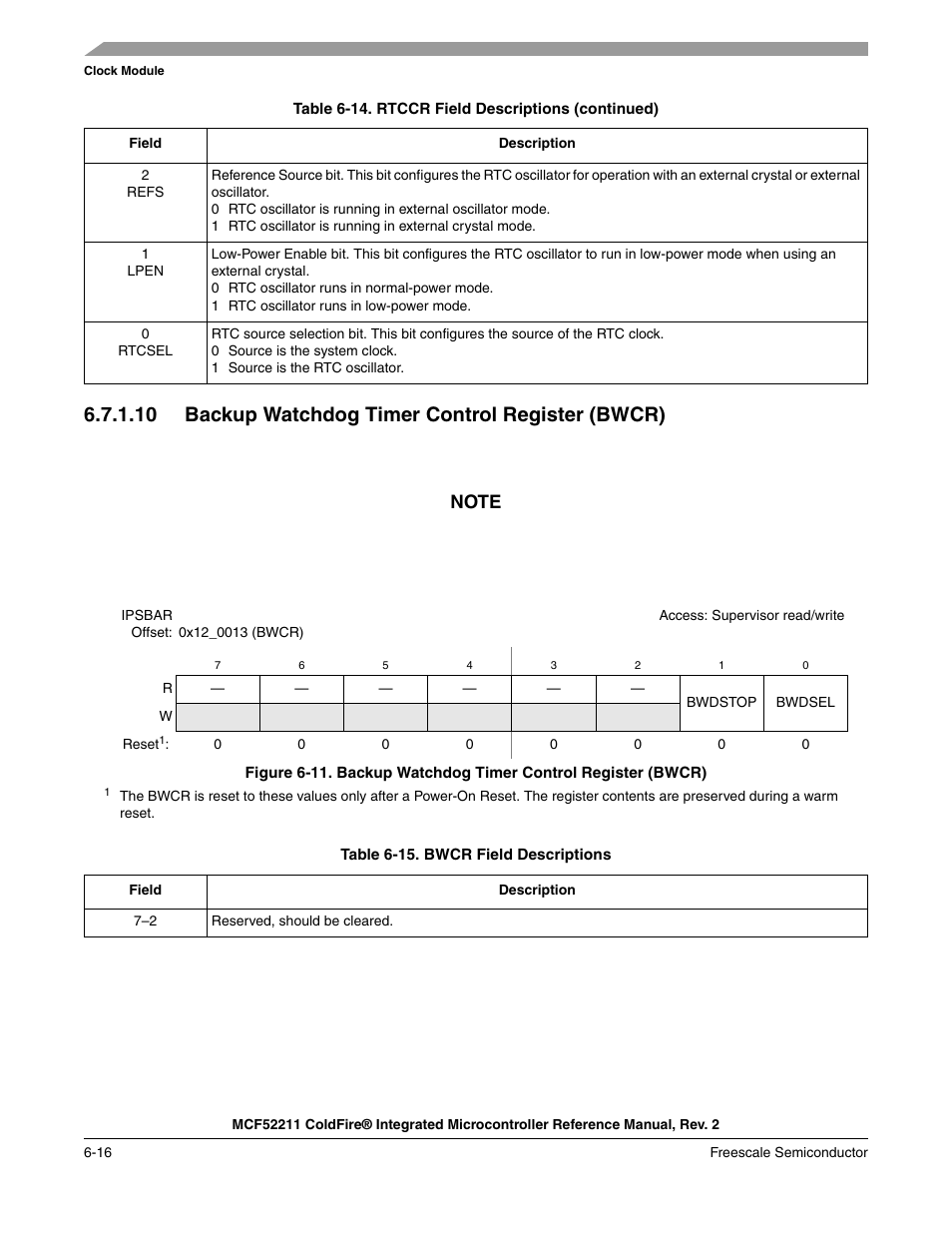 10 backup watchdog timer control register (bwcr) | Freescale Semiconductor ColdFire MCF52210 User Manual | Page 110 / 576