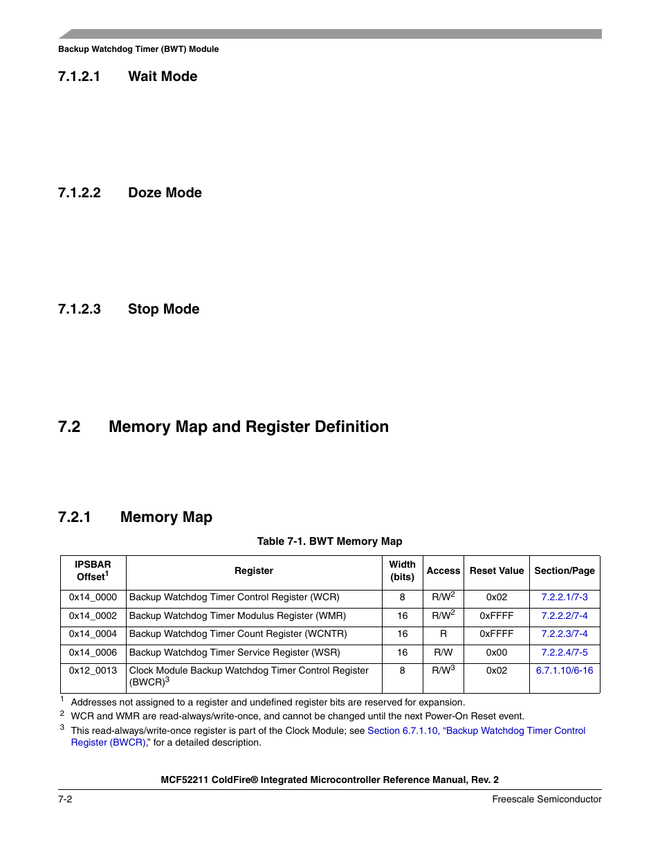 2 memory map and register definition, 1 memory map, Memory map and register definition -2 | Memory map -2, 1 wait mode, 2 doze mode, 3 stop mode | Freescale Semiconductor ColdFire MCF52210 User Manual | Page 124 / 576