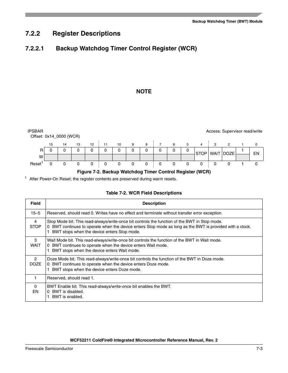 2 register descriptions, Register descriptions -3, 1 backup watchdog timer control register (wcr) | Freescale Semiconductor ColdFire MCF52210 User Manual | Page 125 / 576