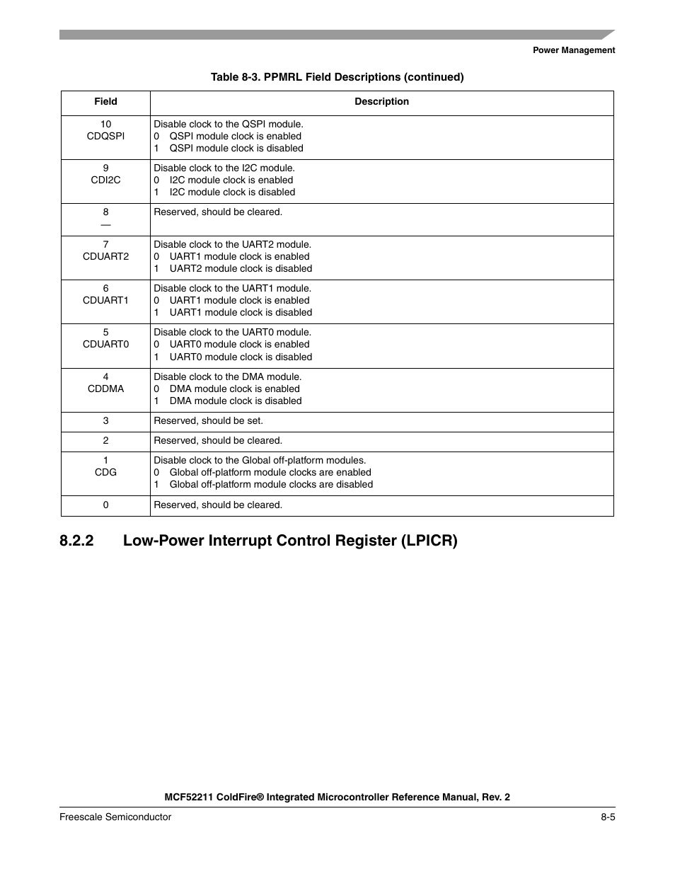 2 low-power interrupt control register (lpicr), Low-power interrupt control register (lpicr) -5 | Freescale Semiconductor ColdFire MCF52210 User Manual | Page 133 / 576