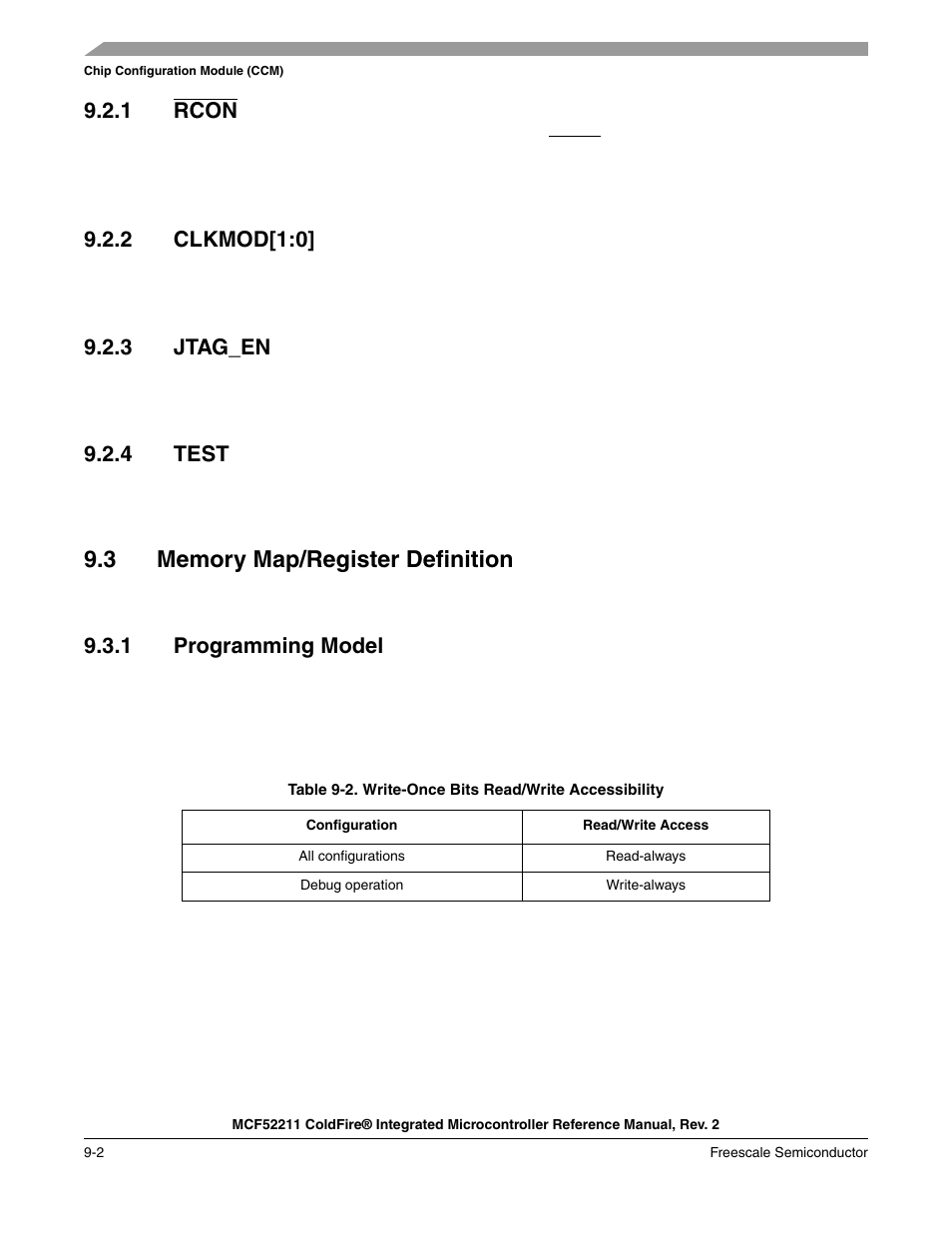1 rcon, 2 clkmod[1:0, 3 jtag_en | 4 test, 3 memory map/register definition, 1 programming model, Clkmod[1:0] -2, Jtag_en -2, Test -2, Memory map/register definition -2 | Freescale Semiconductor ColdFire MCF52210 User Manual | Page 146 / 576