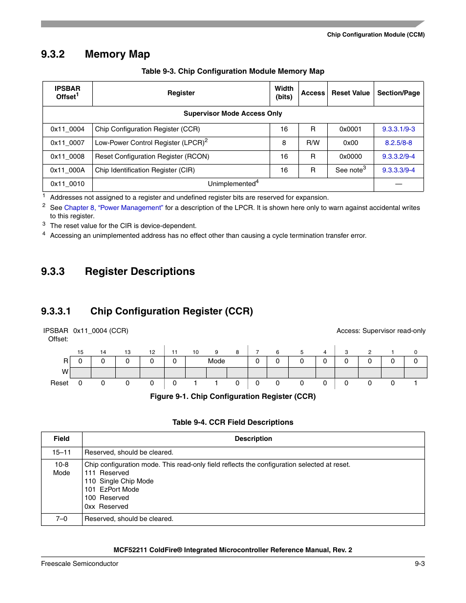 2 memory map, 3 register descriptions, Memory map -3 | Register descriptions -3, 1 chip configuration register (ccr) | Freescale Semiconductor ColdFire MCF52210 User Manual | Page 147 / 576