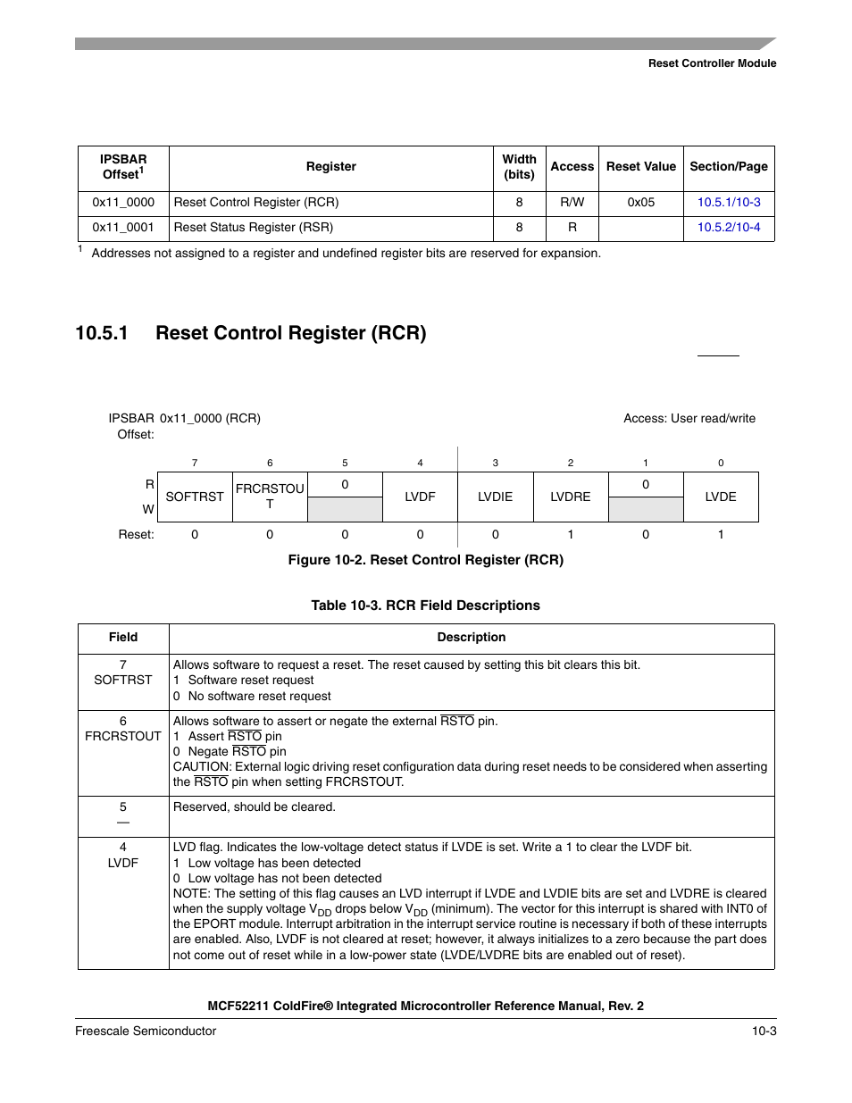 1 reset control register (rcr), 1 reset control register (rcr) -3, Section 10.5.1, “reset control | Register (rcr) | Freescale Semiconductor ColdFire MCF52210 User Manual | Page 153 / 576