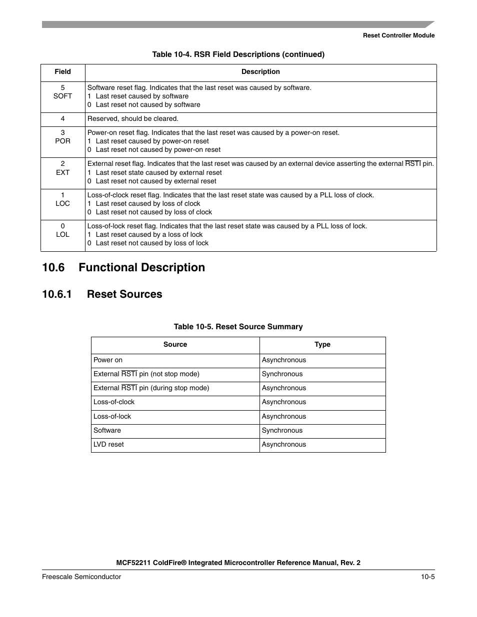 6 functional description, 1 reset sources, 6 functional description -5 | 1 reset sources -5, Determined during reset (see, Table 10-5 | Freescale Semiconductor ColdFire MCF52210 User Manual | Page 155 / 576