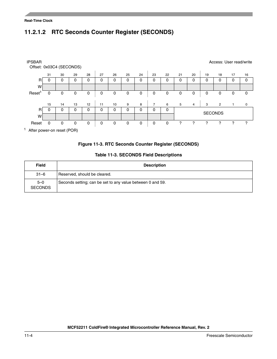 2 rtc seconds counter register (seconds) | Freescale Semiconductor ColdFire MCF52210 User Manual | Page 164 / 576