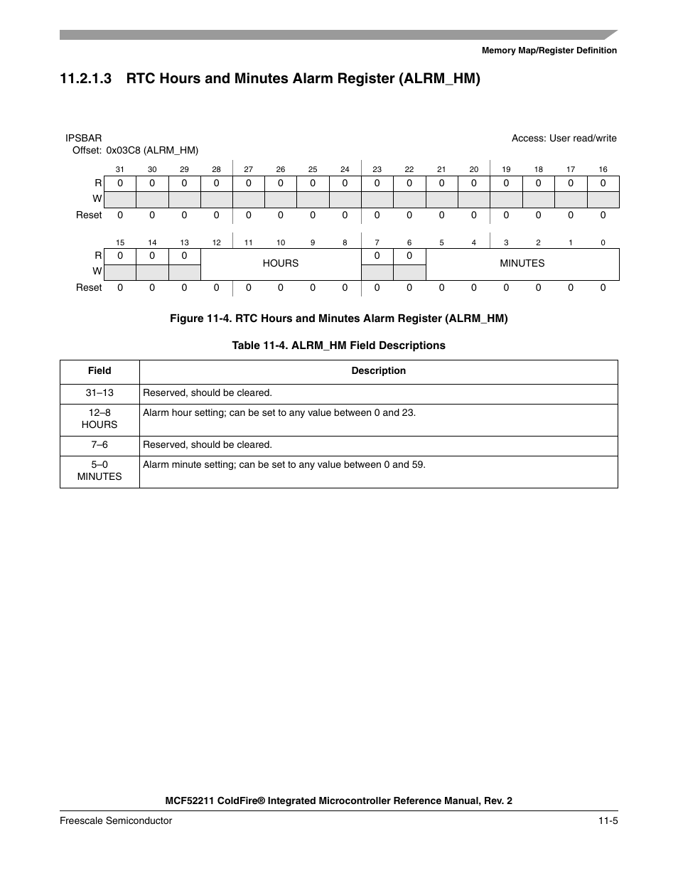 3 rtc hours and minutes alarm register (alrm_hm) | Freescale Semiconductor ColdFire MCF52210 User Manual | Page 165 / 576