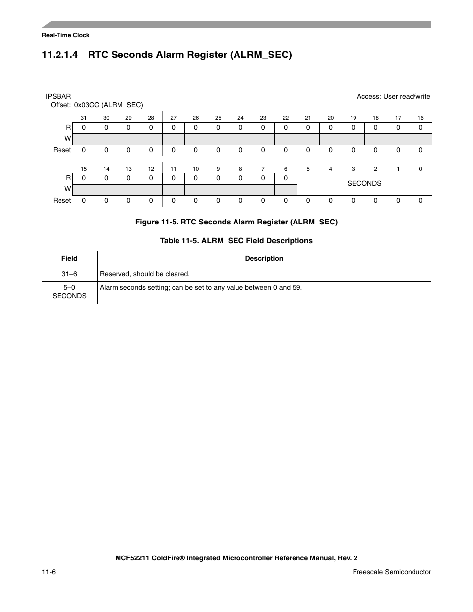 4 rtc seconds alarm register (alrm_sec) | Freescale Semiconductor ColdFire MCF52210 User Manual | Page 166 / 576