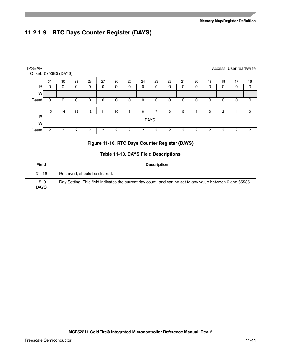 9 rtc days counter register (days) | Freescale Semiconductor ColdFire MCF52210 User Manual | Page 171 / 576