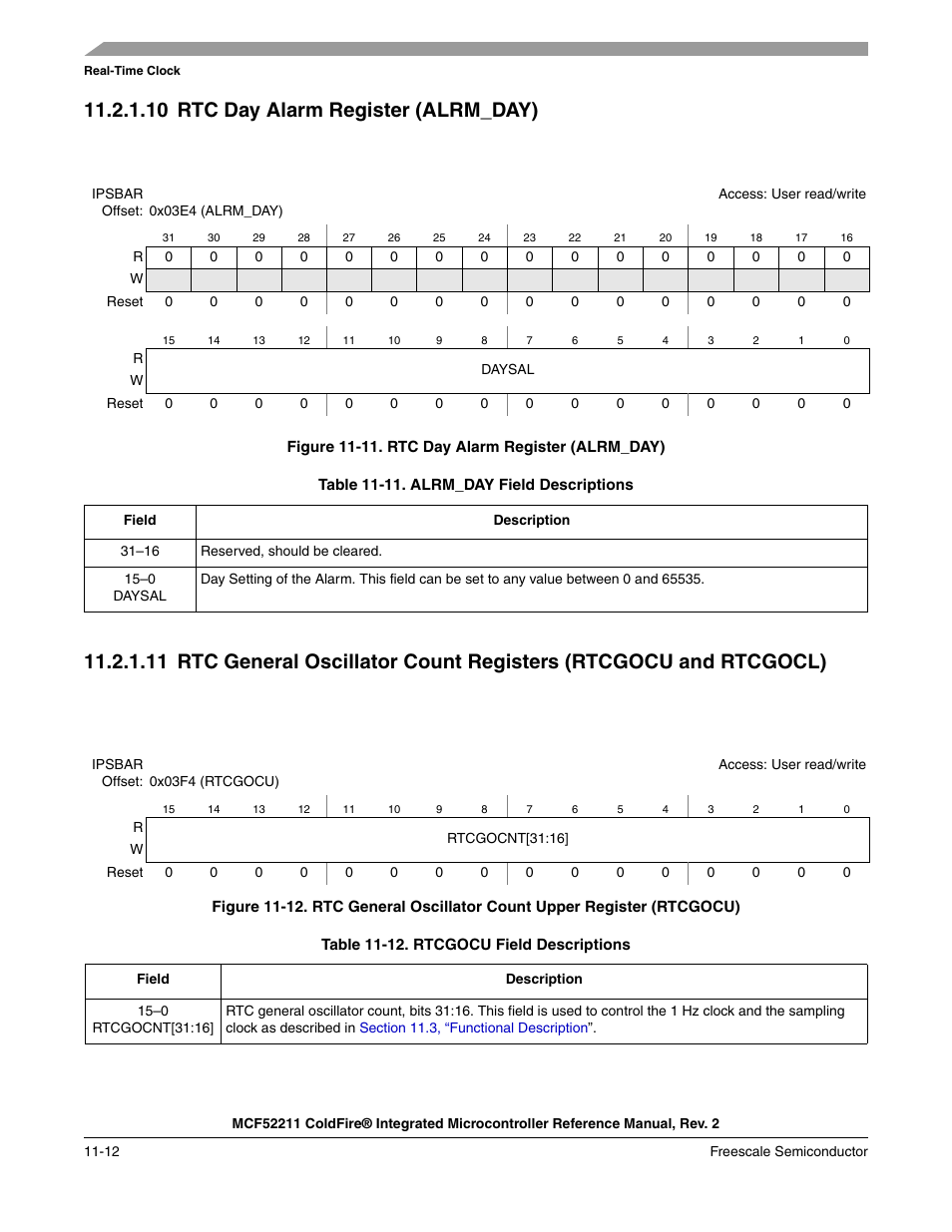 10 rtc day alarm register (alrm_day) | Freescale Semiconductor ColdFire MCF52210 User Manual | Page 172 / 576