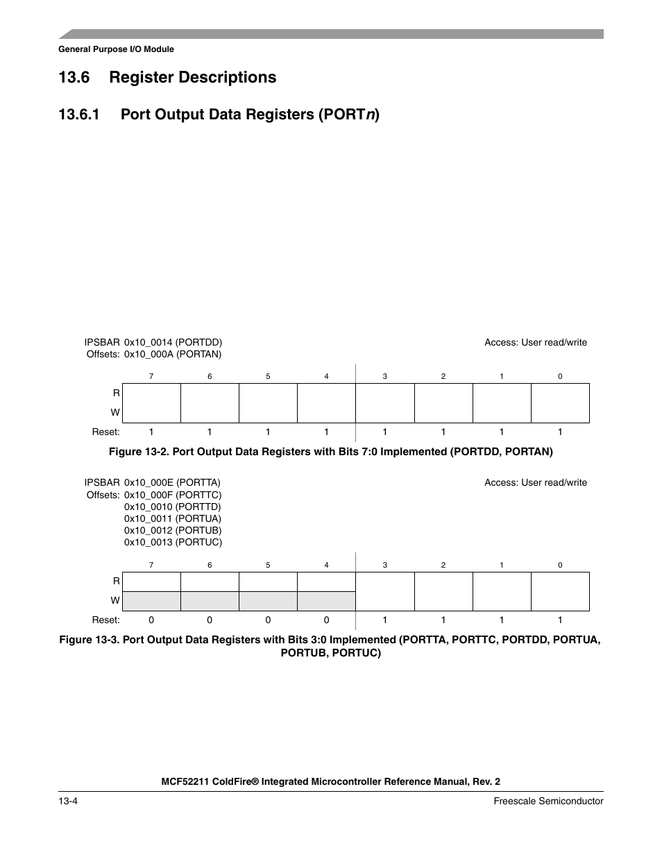 6 register descriptions, 1 port output data registers (portn), 6 register descriptions -4 | 1 port output data registers (portn) -4, 1 port output data registers (port n ) | Freescale Semiconductor ColdFire MCF52210 User Manual | Page 198 / 576
