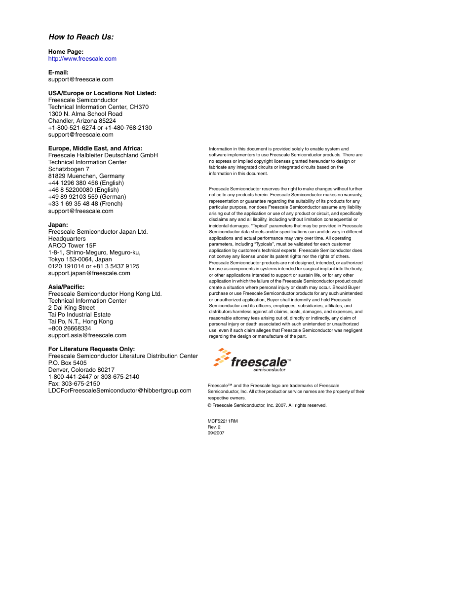 How to reach us | Freescale Semiconductor ColdFire MCF52210 User Manual | Page 2 / 576
