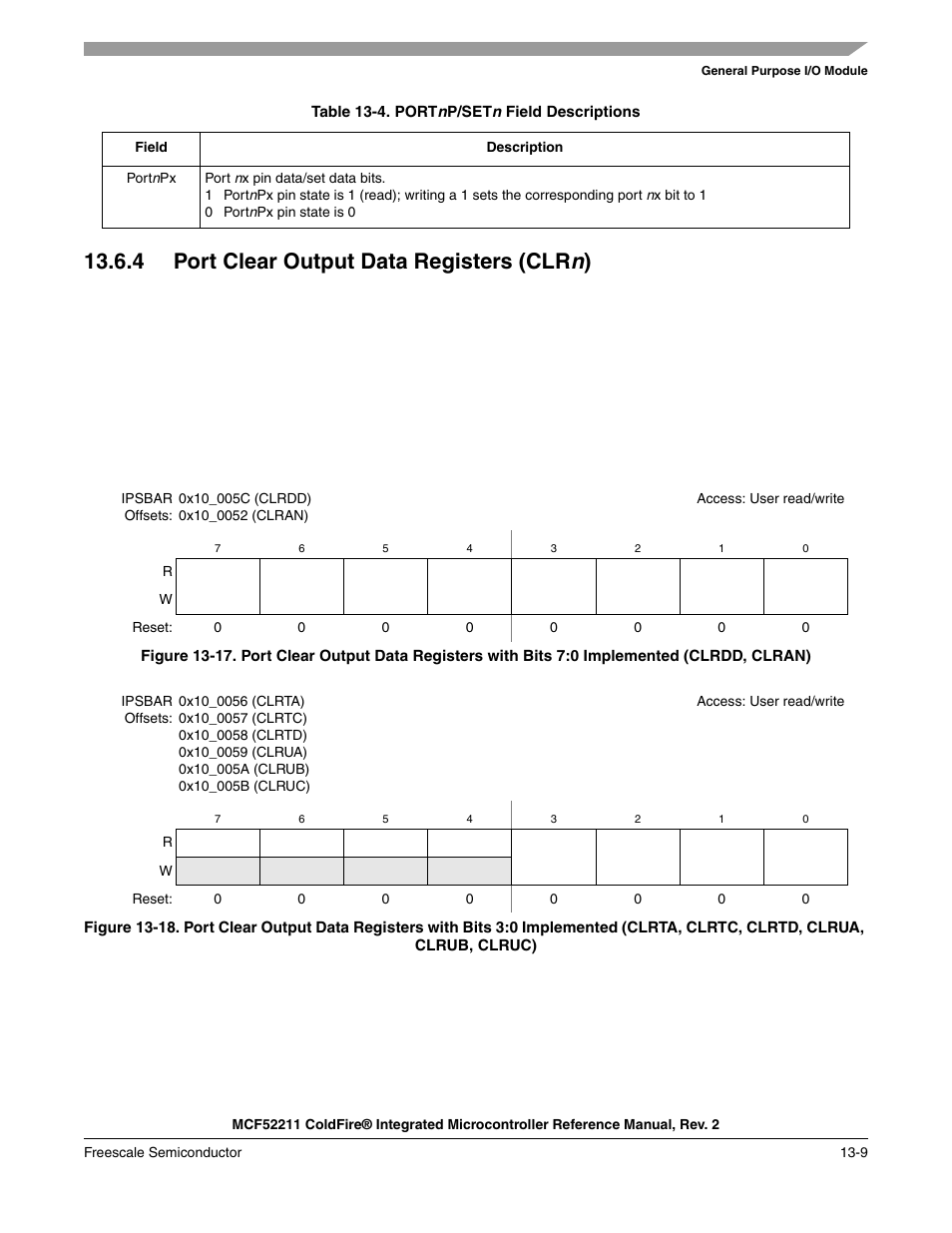 4 port clear output data registers (clrn), 4 port clear output data registers (clrn) -9, Table 13-4 | 4 port clear output data registers (clr n ) | Freescale Semiconductor ColdFire MCF52210 User Manual | Page 203 / 576