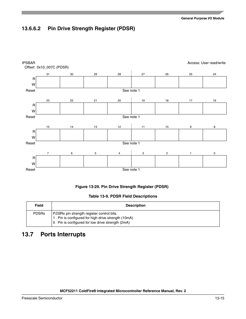 7 ports interrupts, 7 ports interrupts -15, 2 pin drive strength register (pdsr) | Freescale Semiconductor ColdFire MCF52210 User Manual | Page 209 / 576