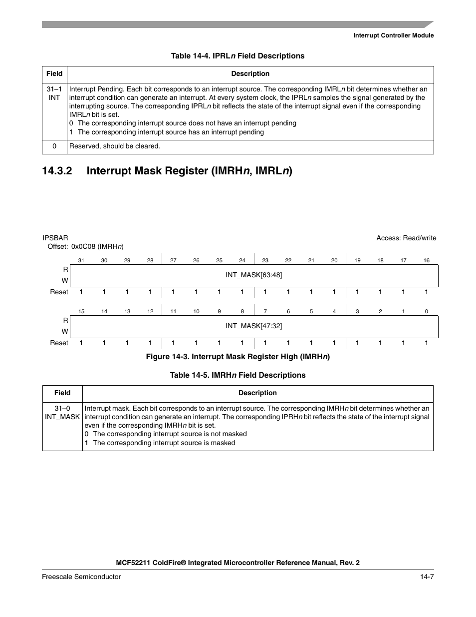 2 interrupt mask register (imrhn, imrln), 2 interrupt mask register (imrhn, imrln) -7, 2 interrupt mask register (imrh n , imrl n ) | Freescale Semiconductor ColdFire MCF52210 User Manual | Page 217 / 576